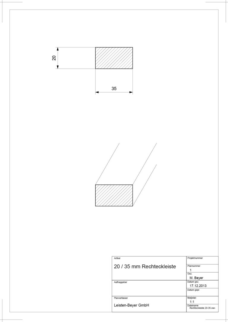 20 mm x 35 mm Rechteckleiste (Zeichnung)