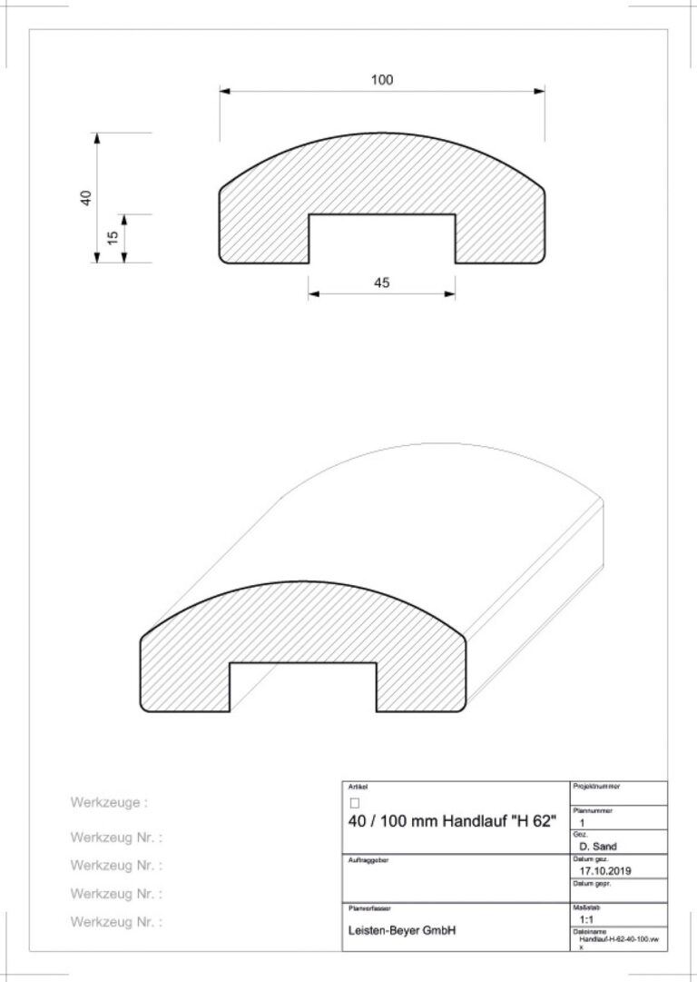 40 mm x 100 mm oval Handlauf Buche Typ H 62 (Zeichnung)